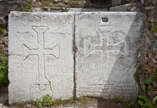 Christian crosses carved into stone panels at Philadelphia in Turkey