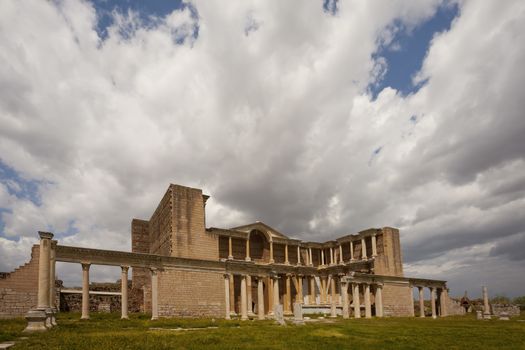 Ruins of gymnasium at Sardis in Turkey on a cloudy day