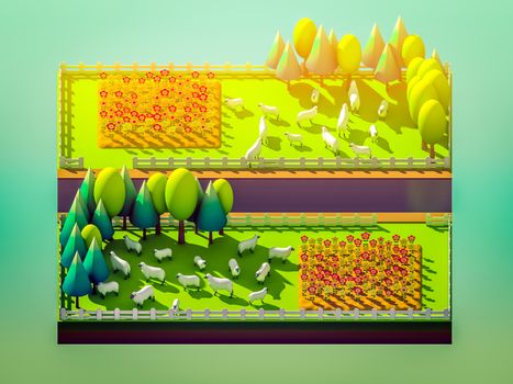 Sheep in the landscape, isometric view, isometric background