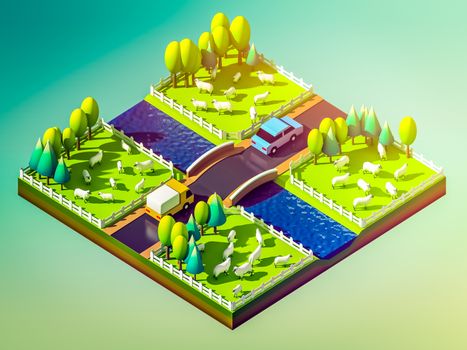 Sheep in the landscape, isometric view, isometric background