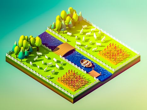 Sheep in the landscape, isometric view, isometric background