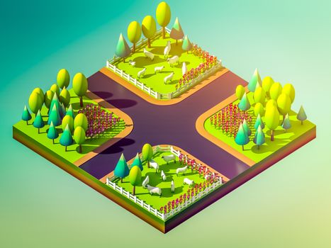 Sheep in the landscape, isometric view, isometric background