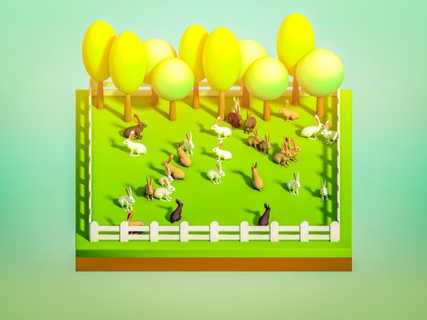 animals in the landscape, isometric view,  isometric background