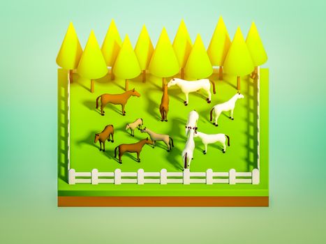 animals in the landscape, isometric view,  isometric background