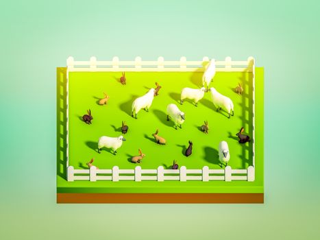 animals in the landscape, isometric view,  isometric background