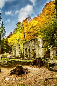 Picture at the ruins inside the forest, from one long time ago forgotten factory. One image with great colors and details witch can be used in many ways. The photography is takken high in the Navarra's mountain in Spain.