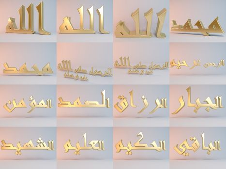 Allah Islamic names in gold with reflection and high quality render.
translation from left to right: The god, Prophet Mohammed, Prophet Muhammad, peace be upon him, Most Merciful, the believer, the followed, the giver, almighty, Martyr, the knowing, the wise, the remaining