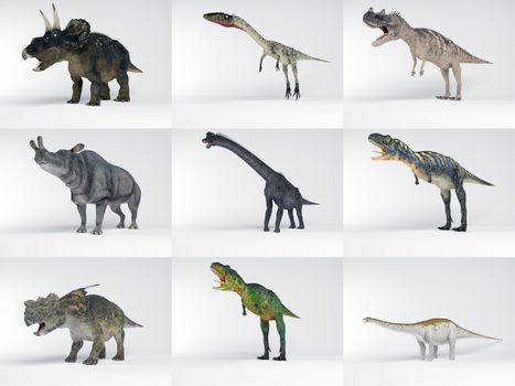 3D collections of many Dinosaur with different kinds and colors in one image