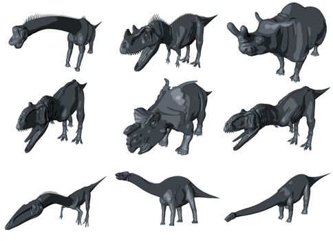 3d collection of dinosaurs sketch, which lived during the Cretaceous period, isolated on white.