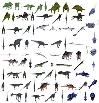 3D collections of many Dinosaur with different kinds and colors in one image