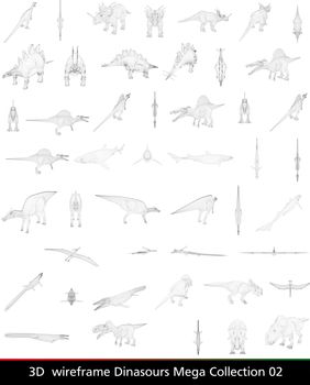 3d wireframe dinasour collection isolated on white background