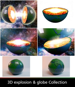 illustration of a sliced earth and an explosion in the middle 3d effect and two globes with reflection and extruded
