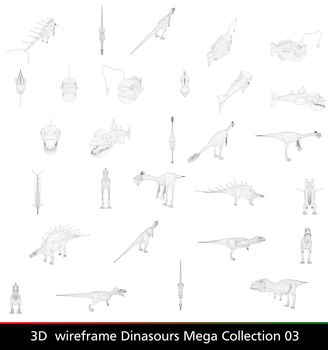 3d wireframe dinasour collection isolated on white background