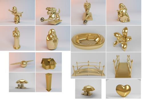 Big 3d collection of golden objects rendered with high quality and details which can also be isolated easily.