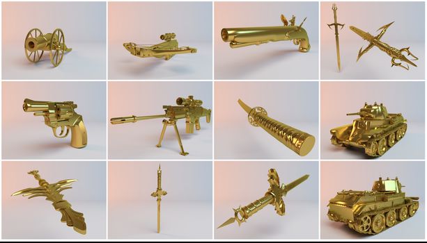 Golden imaginary 3d weapons collection with much equipments and high quality renders of guns, swords, tank, canon and a rifle.