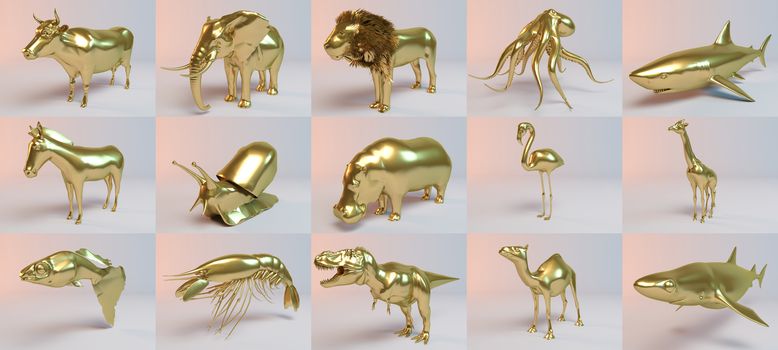 Golden 3D animals collection inside a stage with high render quality to be used as a logo, medal, symbol, shape, emblem, icon, business, geometric, label or any other use