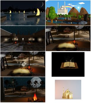 Islamic 3d scenes collection with a lot of elements such as camels, full moon, fire Arabian tent holy Quran, golden mosque Ramadan boats and many others