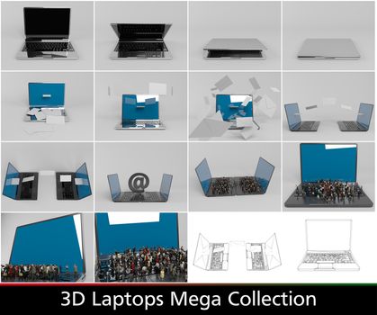 3d laptops collection with many possibilities and with wireframe and characters on laptops, with elegant rendering and reflection.