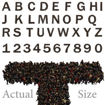 3d characters forming the alphabet isolated on a white background seen from above with a preview for the zoomed in size