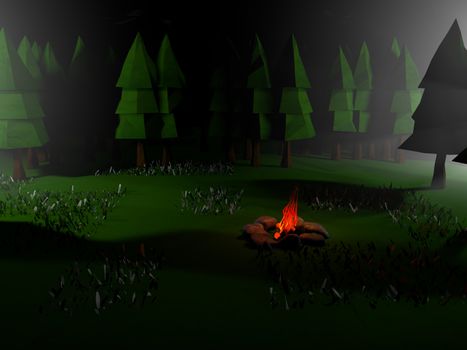 Low poly 3D night landscape with  camping fire and adventure feel