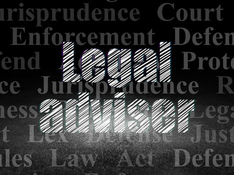 Law concept: Glowing text Legal Adviser in grunge dark room with Dirty Floor, black background with  Tag Cloud