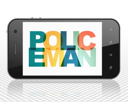 Law concept: Smartphone with Painted multicolor text Policeman on display