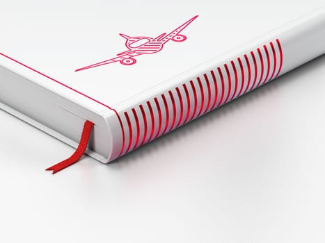 Travel concept: closed book with Red Aircraft icon on floor, white background, 3d render