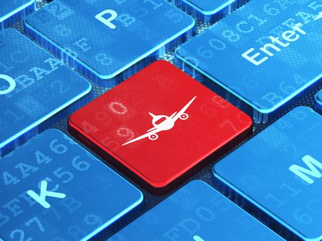 Vacation concept: computer keyboard with Aircraft icon on enter button background, 3d render