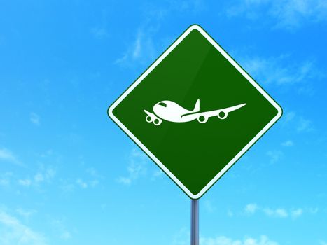 Tourism concept: Airplane on green road highway sign, clear blue sky background, 3d render