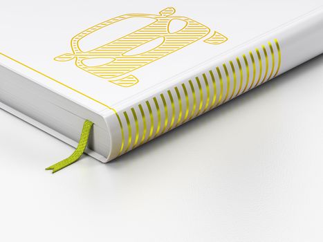 Vacation concept: closed book with Gold Car icon on floor, white background, 3d render