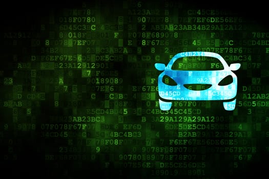 Vacation concept: pixelated Car icon on digital background, empty copyspace for card, text, advertising