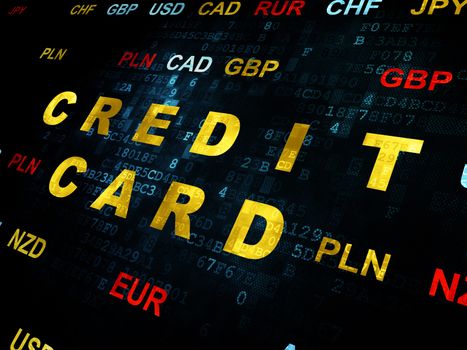 Currency concept: Pixelated yellow text Credit Card on Digital wall background with Currency