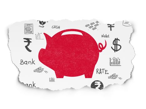 Banking concept: Painted red Money Box icon on Torn Paper background with  Hand Drawn Finance Icons