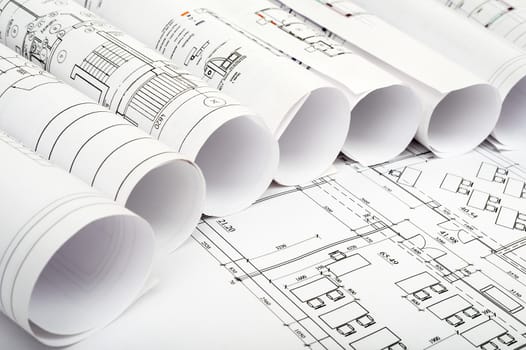 Rolls of blueprints, side view. Building concept