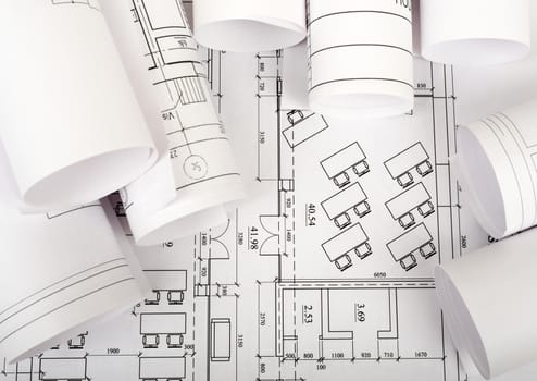 Architecture plan and rolls of blueprints. Building concept