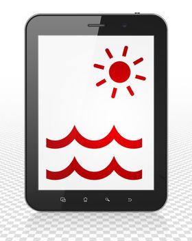 Vacation concept: Tablet Pc Computer with red Beach icon on display