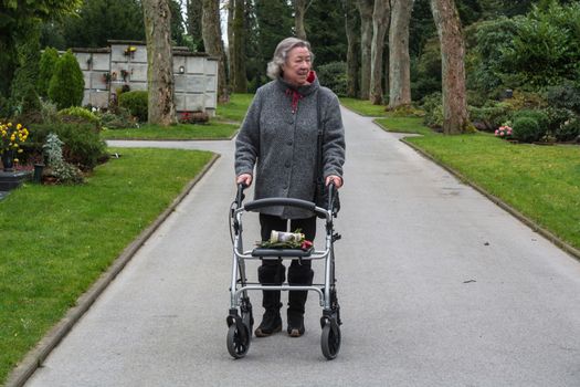 Elderly lady with a walker on a walk in a cemetery.