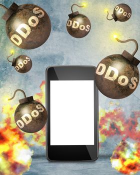 Bombs with fire falling on smartphone, danger concept