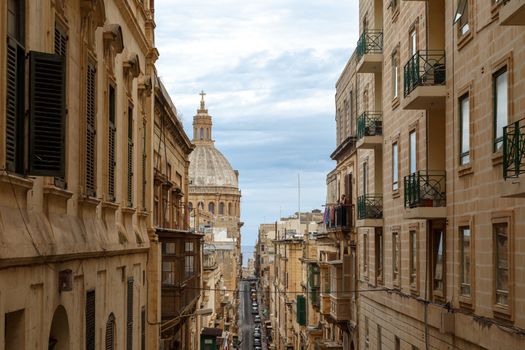 VALLETTA, MALTA - OCTOBER 30, 2015 : General view of Valletta cityscape at Malta island with historical limestone buildings from medieval times.