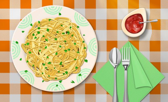 Raster Illustration of Spaghetti Dinner With Ketchup on The Table