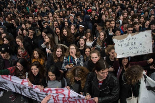 FRANCE, Paris: Thousands of high school students demonstrate during a protest march opposing the government's labour reforms on March 17, 2016 in Toulouse.