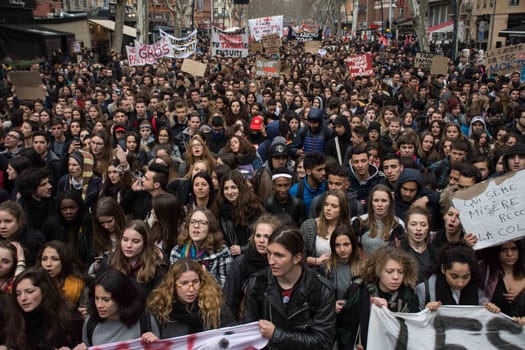 FRANCE, Paris: Thousands of high school students demonstrate during a protest march opposing the government's labour reforms on March 17, 2016 in Toulouse.