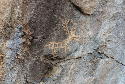 Lipci, Montenegro - March 16, 2016: Prehistoric drawings of deer at Lipci Rock founded in the eighth century BC