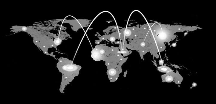 World map with spotlights on black background