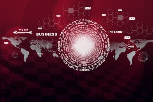 World map with numbers and business words on red background, technology concept