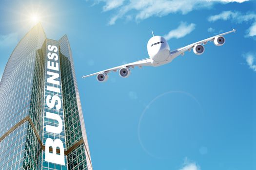 Skyscraper with word business, jet and sun, business concept