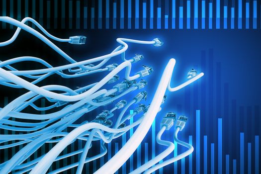 Abstract blue background with light spots and computer cables, internet concept