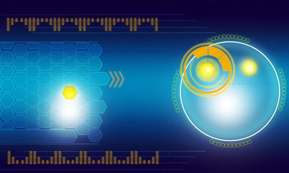 Holographic screen with world map and circles on blue background, technology concept