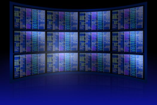 Set of monitors with matrix on abstract blue background, technology concept