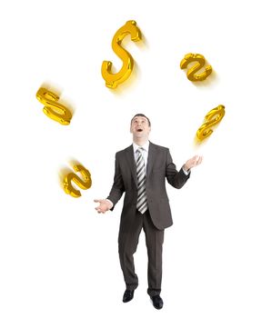 Businessman juggling dollar signs isolated on white background